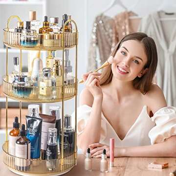 shuang qing Rotating Makeup Organizer for Vanity 3 Tier, High-Capacity Skincare Clear Make Up Storage Perfume Organizers Cosmetic Dresser Organizer Countertop 360 Spinning （Gold）