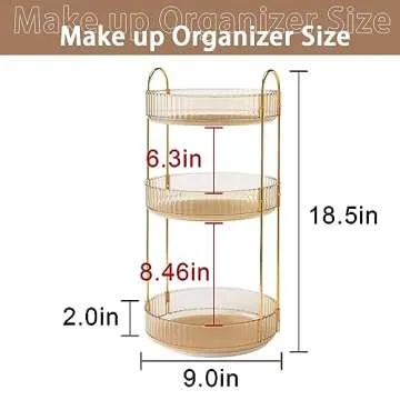 shuang qing Rotating Makeup Organizer for Vanity 3 Tier, High-Capacity Skincare Clear Make Up Storage Perfume Organizers Cosmetic Dresser Organizer Countertop 360 Spinning （Gold）