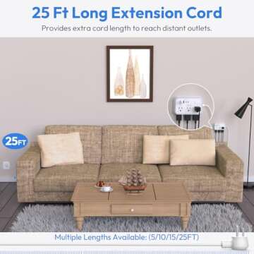 Flat Plug Extension Cord 25 ft, Surge Protector Power Strip, Outlet Extender with 6 Outlets 4 USB Po...