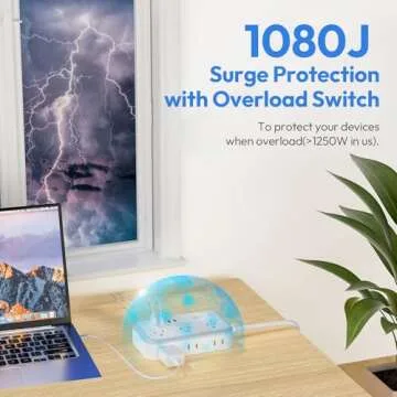 Flat Plug Extension Cord 25 ft with USB Ports and Surge Protection