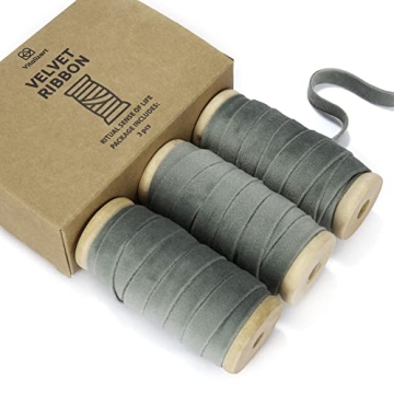 Vitalizart Dusty Green Velvet Ribbon Set 3/8" x 15 Yd Wooden Spool Fabric Trim 3 Rolls * 5 Yd for Ch...