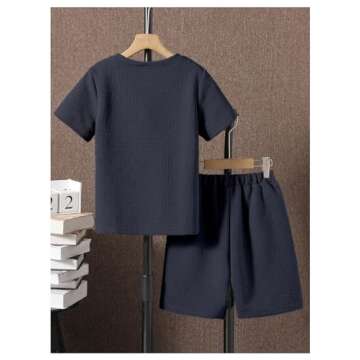 Verdusa Boy's 2 Piece Outfits Textured Crew Neck Short Sleeve Tee Top and Shorts Sets Dark Blue 13-14Y