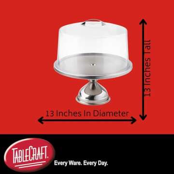 Tablecraft Cake Stand with Dome, Clear Acrylic Shatterproof Lid Cover with Stainless Steel Display P...