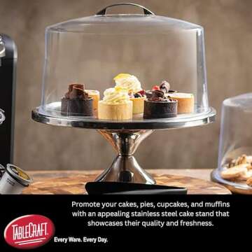Tablecraft Cake Stand with Dome, Clear Acrylic Shatterproof Lid Cover with Stainless Steel Display Pedestal, Domed to Fit 12 Inches in Diameter Cakes, Pies and Pastry, Commercial Restaurant Use,Silver