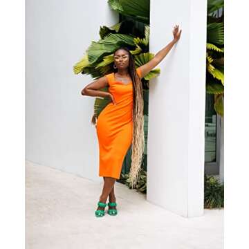 The Drop Women's Fire Orange Cap Sleeve Rib Knit Midi Dress by @tenickab, L