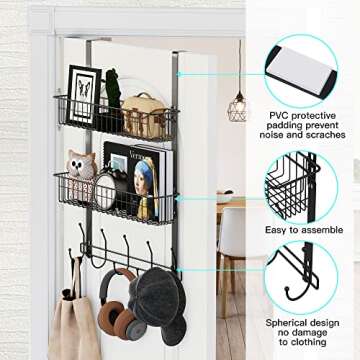 LUCYCAZ Over The Door Hooks Organizer, Door Hanger Towel Rack with 10 Coat Hooks & 2 Mesh Basket Ove...