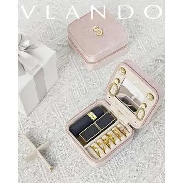 Vlando Mother's Day Gift for Women Girls, L Initial Travel Jewelry Case, Small Jewelry Travel Case, Personalized Travel Mini Jewelry Case, Birthday Gifts for Women Mom Grandma - Letter M, Pink