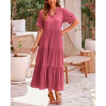 dowerme Women's Boho Maxi Dress 2025 Cute Short Sleeve Button Loose Fit Long Flowy Swing Nusring Maternity Dresses(Solid Bean Paste Red,Medium)