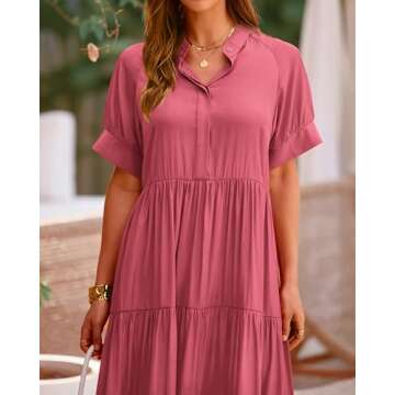 dowerme Women's Boho Maxi Dress 2025 Cute Short Sleeve Button Loose Fit Long Flowy Swing Nusring Maternity Dresses(Solid Bean Paste Red,Medium)