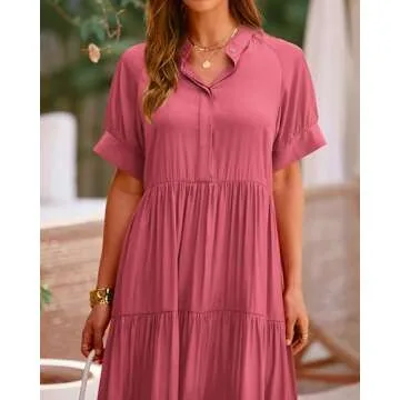 dowerme Women's Boho Maxi Dress 2025 Cute Short Sleeve Button Loose Fit Long Flowy Swing Nusring Maternity Dresses(Solid Bean Paste Red,Medium)