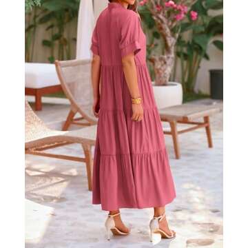 dowerme Women's Boho Maxi Dress 2025 Cute Short Sleeve Button Loose Fit Long Flowy Swing Nusring Maternity Dresses(Solid Bean Paste Red,Medium)