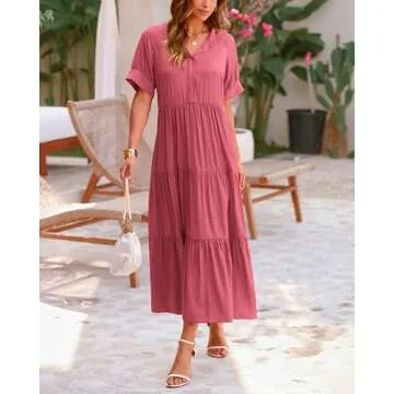 dowerme Women's Boho Maxi Dress 2025 Cute Short Sleeve Button Loose Fit Long Flowy Swing Nusring Maternity Dresses(Solid Bean Paste Red,Medium)