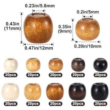 Pndeyo 200pcs Large Hole Wooden Beads for Crafts, Vintage Round Natural Wood Hair Bead, 5 Colors Loo...