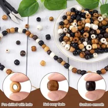 Pndeyo 200pcs Large Hole Wooden Beads for Crafts, Vintage Round Natural Wood Hair Bead, 5 Colors Loose Spacer Beads for DIY Macrame Rosary Necklace Bracelet Hair DIY Handmade Decor- 10x13mm & 9X10mm