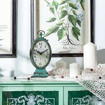 NIKKY HOME Vintage Table Clock - Battery Operated Rustic Distressed Style - Shabby Chic Home Decor for Fireplace Mantel, Shelf, Desktop, Countertop - Green