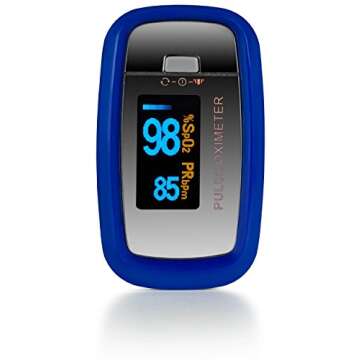 AccuMed CMS-50D1 Fingertip Pulse Oximeter Blood Oxygen Sensor SpO2 for Sports and Aviation. Portable and Lightweight with LED Display, 2 AAA Batteries, Lanyard and Travel Case (Blue)