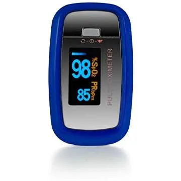 AccuMed CMS-50D1 Fingertip Pulse Oximeter Blood Oxygen Sensor SpO2 for Sports and Aviation. Portable and Lightweight with LED Display, 2 AAA Batteries, Lanyard and Travel Case (Blue)