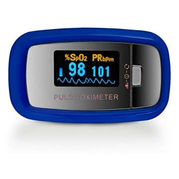 AccuMed CMS-50D1 Fingertip Pulse Oximeter Blood Oxygen Sensor SpO2 for Sports and Aviation. Portable and Lightweight with LED Display, 2 AAA Batteries, Lanyard and Travel Case (Blue)