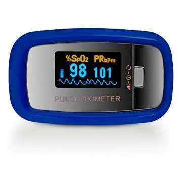 AccuMed CMS-50D1 Fingertip Pulse Oximeter Blood Oxygen Sensor SpO2 for Sports and Aviation. Portable and Lightweight with LED Display, 2 AAA Batteries, Lanyard and Travel Case (Blue)