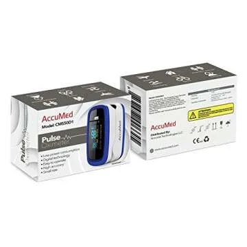 AccuMed CMS-50D1 Fingertip Pulse Oximeter Blood Oxygen Sensor SpO2 for Sports and Aviation. Portable and Lightweight with LED Display, 2 AAA Batteries, Lanyard and Travel Case (Blue)