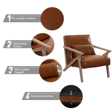 INZOY Mid Century Modern Chair with Wood Frame, Upholstered Armchair with Waist Cushion, Accent Chair for Living Room Bedroom Apartment, Easy Assembly, Camel