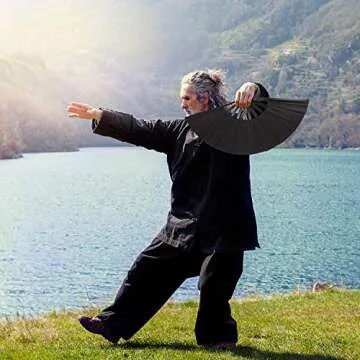 Maitys Large Folding Hand Silk Fans Chinese Handheld Tai Ji Fan for Men and Women, Festival, Line Dance, Kungfu, Martial Art, Gift