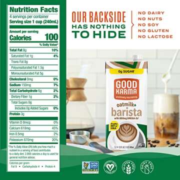 Good Karma Unsweetened Oatmilk + Barista Blend, 800mg Omega -3s, Plant-Based Non-Dairy Milk Creamer ...