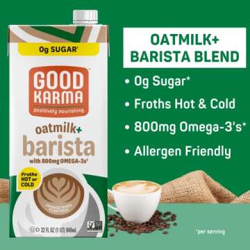Good Karma Unsweetened Oatmilk + Barista Blend, 800mg Omega -3s, Plant-Based Non-Dairy Milk Creamer Alternative with Oats, Flax and Peas, Lactose Free, Vegan, Shelf Stable