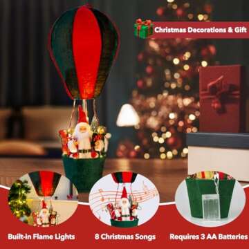 Christmas LED Musical Santa Claus's Special Delivery Hot Air Balloon, 24.5 Inch Hanging Christmas Decoration with Warm Lights, Indoor Outdoor Xmas Holiday Decor (Red & Green)