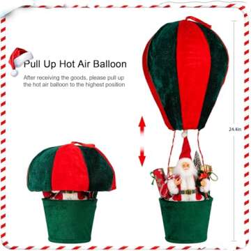 Christmas LED Musical Santa Claus's Special Delivery Hot Air Balloon, 24.5 Inch Hanging Christmas Decoration with Warm Lights, Indoor Outdoor Xmas Holiday Decor (Red & Green)