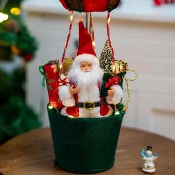 Christmas LED Musical Santa Claus's Special Delivery Hot Air Balloon, 24.5 Inch Hanging Christmas Decoration with Warm Lights, Indoor Outdoor Xmas Holiday Decor (Red & Green)