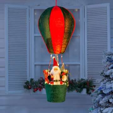 Christmas LED Musical Santa Claus's Special Delivery Hot Air Balloon, 24.5 Inch Hanging Christmas Decoration with Warm Lights, Indoor Outdoor Xmas Holiday Decor (Red & Green)