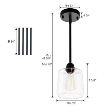 VILUXY Vintage Glass Pendant Light, Single Hanging Pendant Lighting, Black with Clear Glass Shade Classic for Farmhouse, Entryway, Dining Room, Kitchen Island, Foyer