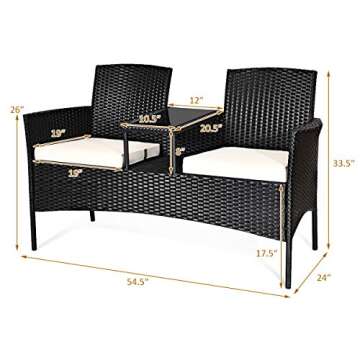 Tangkula Wicker Patio Conversation Furniture Set, Outdoor Furniture Set with Removable Cushions & Table, Tempered Glass Top, Modern Rattan Bench for Garden Lawn Backyard (White)