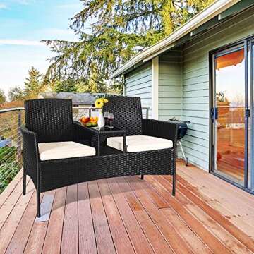 Tangkula Wicker Patio Conversation Furniture Set, Outdoor Furniture Set with Removable Cushions & Table, Tempered Glass Top, Modern Rattan Bench for Garden Lawn Backyard (White)