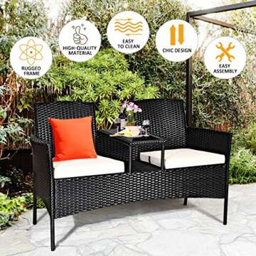 Tangkula Wicker Patio Conversation Furniture Set, Outdoor Furniture Set with Removable Cushions & Table, Tempered Glass Top, Modern Rattan Bench for Garden Lawn Backyard (White)
