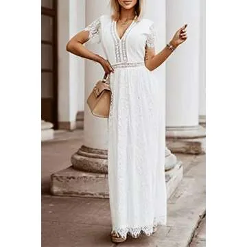 MEROKEETY Women's V Neck Short Sleeve Floral Lace Wedding Dress Bridesmaid Cocktail Party Maxi Dress...