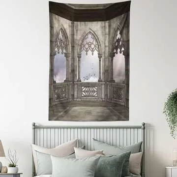Ambesonne Gothic Tapestry, Medieval Stone Balcony Graphic Design Mystic Middle Age Story, Wall Hanging for Bedroom Living Room Dorm Decor, 40" X 60", Lilac Green