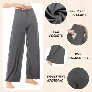 TNNZEET Women’s Black Lounge Yoga Pants with Pockets - Comfy Wide Leg Maternity Pajama Pants