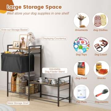 Lomivra Elevated Dog Bowls, Raised Dog Bowl Stand with Dog Toy Bin Basket Dog Food and Water Bowl Feeding Station, Lifted Dog Bowl Holder Cabinet with Pet Storage Organizer for Large Medium Small Dogs