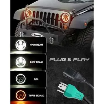 GXENOGO 7 Inch LED Halo Headlights with Turn Signal Amber White DRL Compatible with 2007-2017 Jeep Wrangler JK JKU- Black (JK Special Version-2PCS)