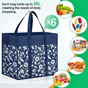 WOWBOX Reusable Grocery Bags Foldable Tote Bags bulk with Reinforced Handles Shopping Bags for Groceries Heavy Duty Large bags Kitchen Reusable Grocery Bags with Waterproof Coating 6-Pack, Blue
