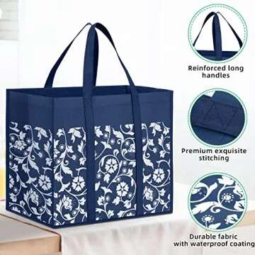 WOWBOX Reusable Grocery Bags Foldable Tote Bags bulk with Reinforced Handles Shopping Bags for Groceries Heavy Duty Large bags Kitchen Reusable Grocery Bags with Waterproof Coating 6-Pack, Blue