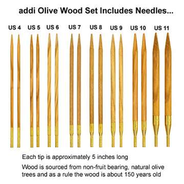 addi Click Olive Wood 5-Inch Interchangeable Circular Knitting Needle Set Sizes US 4, 5, 6, 7, 8, 9, 10 and 11, with 3 Blue Cords, Dark Green Canvas Case with Project Bag