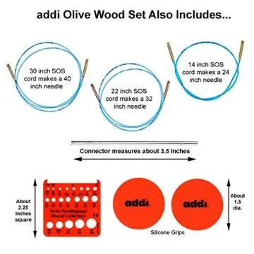 addi Click Olive Wood 5-Inch Interchangeable Circular Knitting Needle Set Sizes US 4, 5, 6, 7, 8, 9, 10 and 11, with 3 Blue Cords, Dark Green Canvas Case with Project Bag