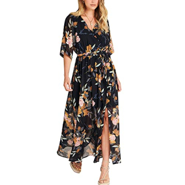ANRABESS Women’s Summer Loose Boho Flowy Wrap V Neck 3/4 Sleeve Floral Print Slit Beach Wedding Gu...