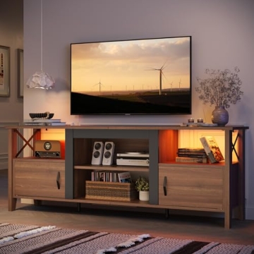 Bestier Farmhouse TV Stand for 70 inch TV, Gaming Entertainment Center with LED Lights, TV Console w...