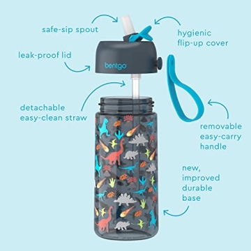 Bentgo Kids Water Bottle - Leak-Proof, Durable Tritan, BPA-Free 15 oz. Cup for Kids/Toddlers Ages 3+ - Flip-Up Straw & Dishwasher Safe for School, Sports, Daycare & Camp (Dinosaur)