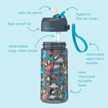 Bentgo Kids Water Bottle - Leak-Proof, Durable Tritan, BPA-Free 15 oz. Cup for Kids/Toddlers Ages 3+ - Flip-Up Straw & Dishwasher Safe for School, Sports, Daycare & Camp (Dinosaur)