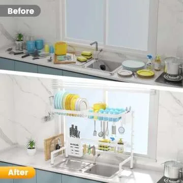 MERRYBOX Over The Sink Dish Drying Rack Adjustable Length (25-33in), Dish Rack Over Sink with Multiple Baskets Utensil Holder Cup Holder, Large Dish Rack for Kitchen Sink Organizer, White